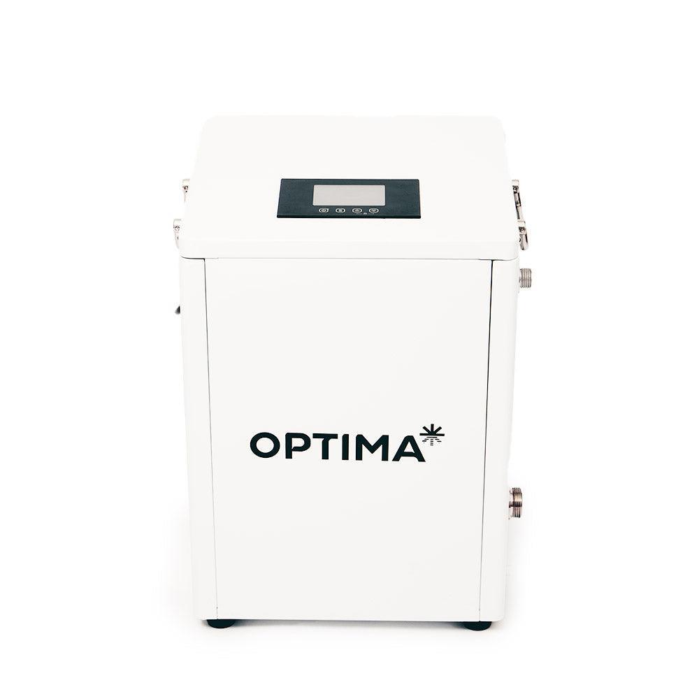Front view of the Optima Nova chiller unit with a sleek white design, featuring a touchscreen control panel.