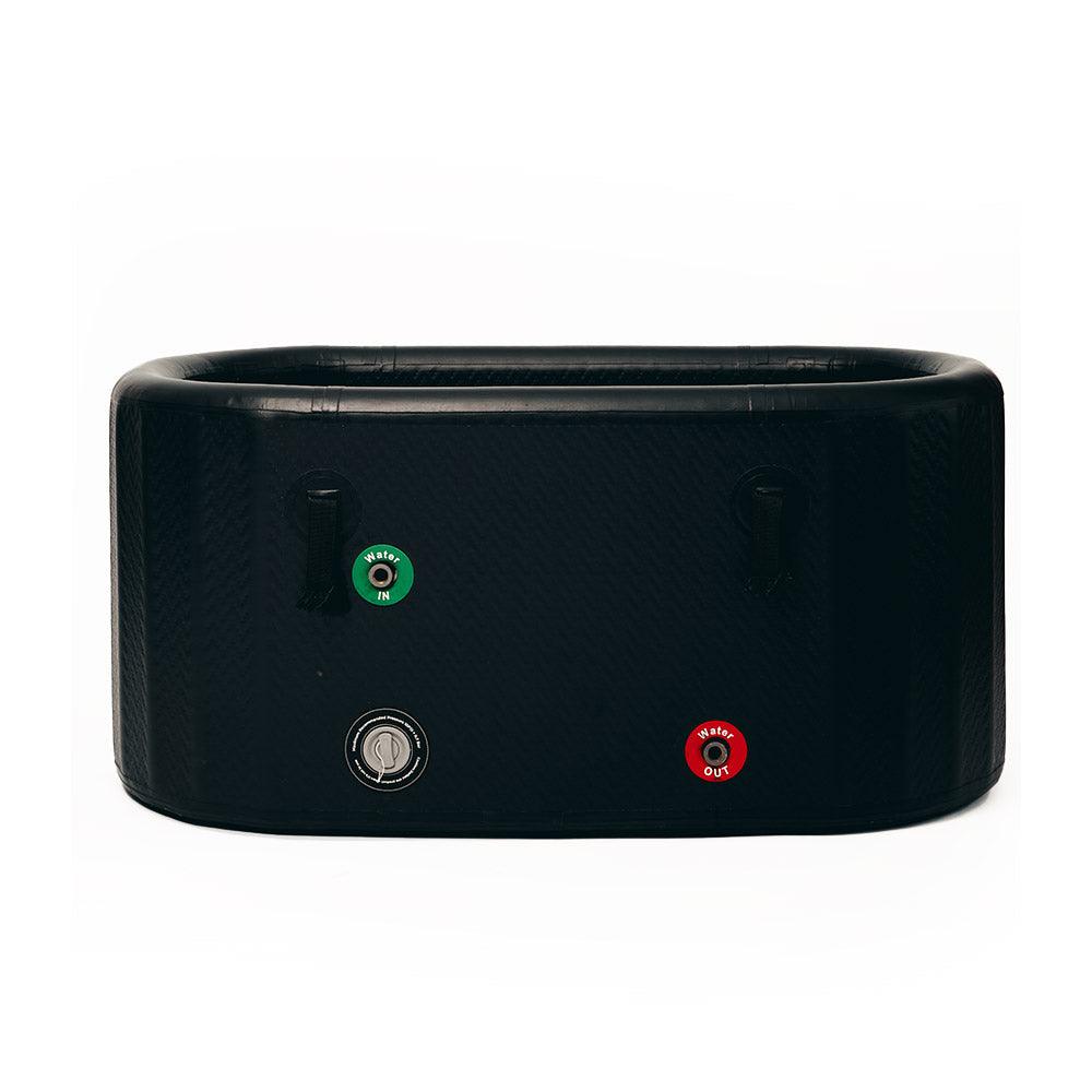Back view of the Optima Tub Plus, highlighting the water inlet and outlet labeled in green and red for easy setup.