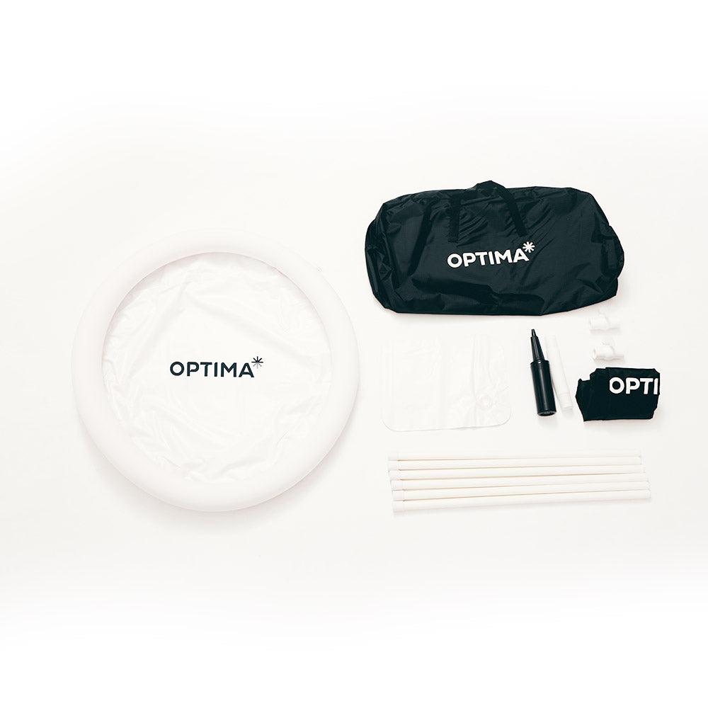 Components of the Optima tub set, including a white tub rim, black carrying bag, assembly tools, and accessories