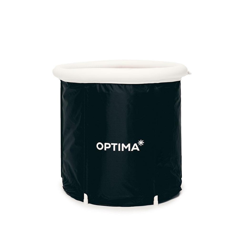 Black Optima tub with a white inflatable rim, designed for cold plunges.