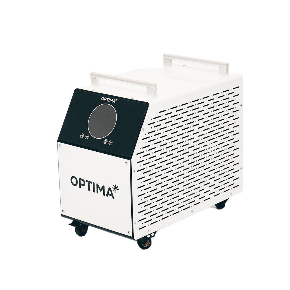 Angled side view of the Optima Pro chiller unit, showcasing its perforated ventilation design, control panel, and wheels.