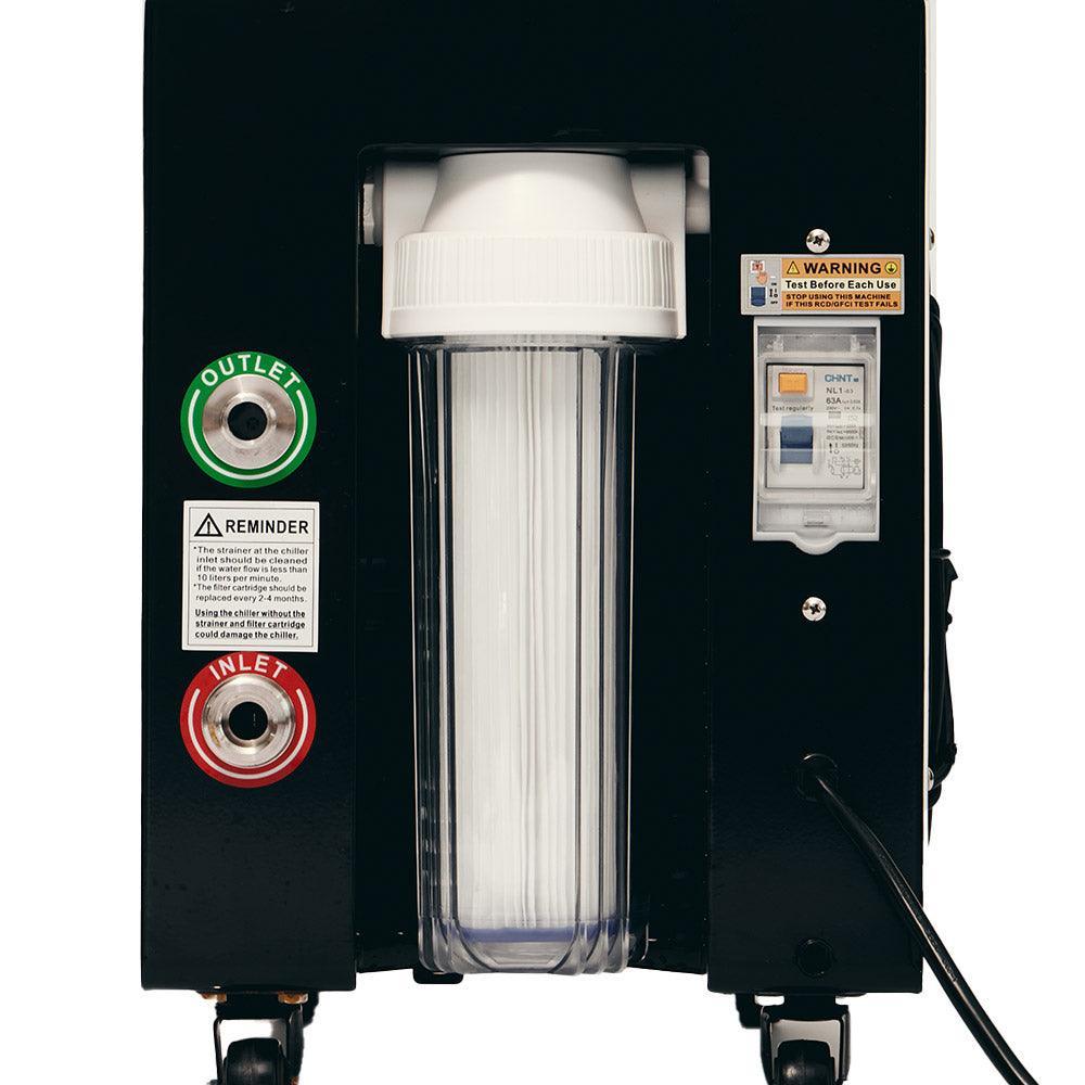 Rear view of the Optima Pro chiller unit, highlighting the inlet and outlet connections, water filtration system, and labeled safety warnings.