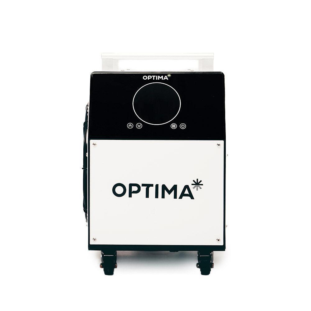 Front view of optima pro chiller showcasing its sleek black and white design and control panel.