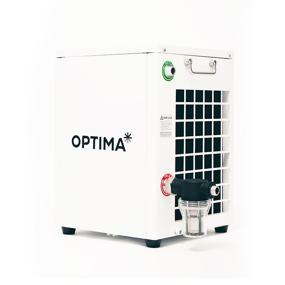 Angled side view of the Optima Nova chiller unit showcasing the water inlet/outlet connections, a handle, and a grid panel.