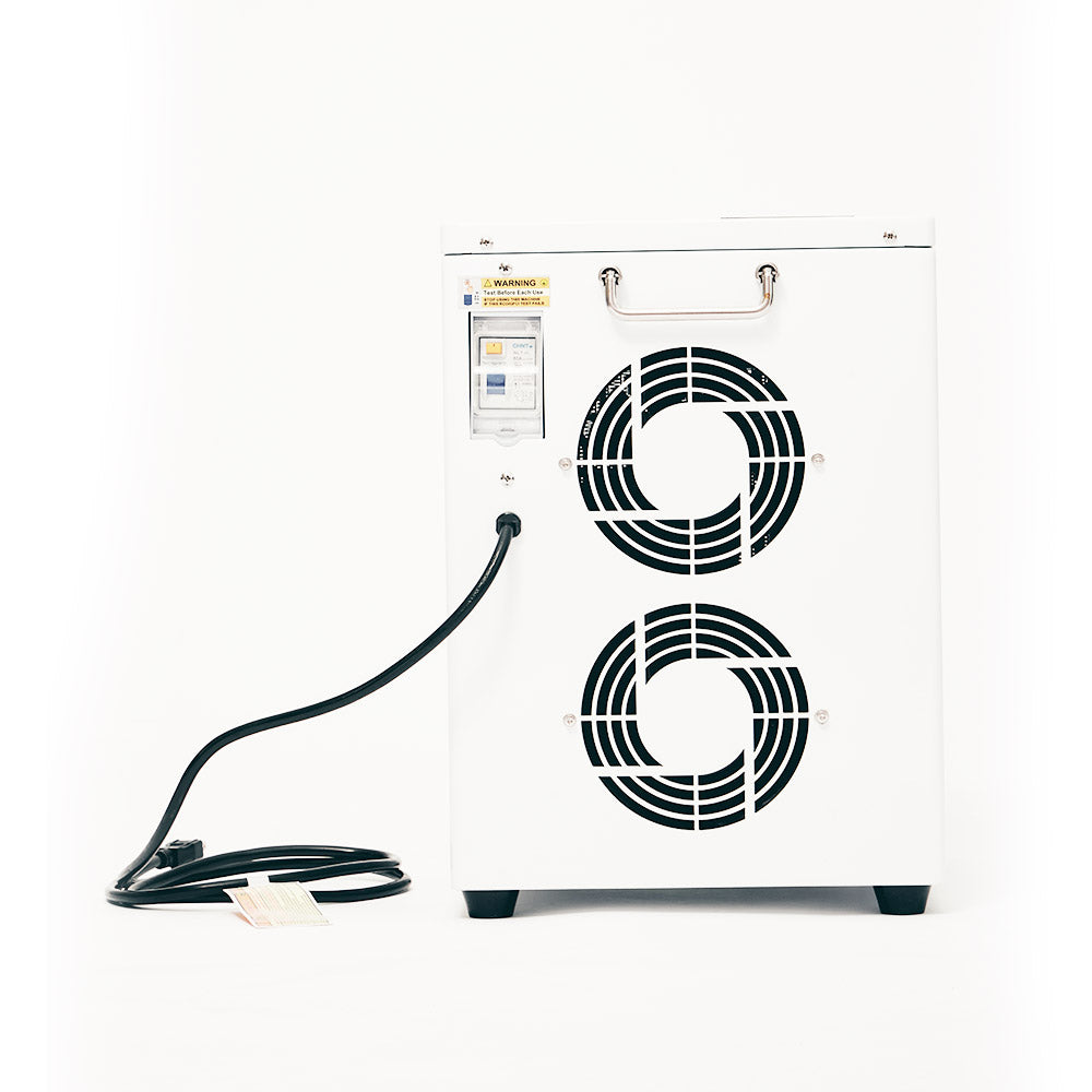 Close-up of the Optima Nova chiller unit, highlighting the control panel, water inlet/outlet connections, and filtration system.