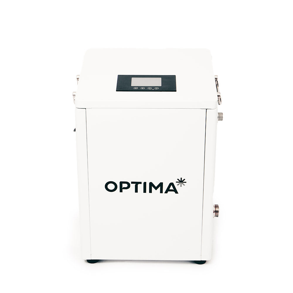 Front view of the Optima Nova chiller unit with a sleek white design, featuring a touchscreen control panel. 