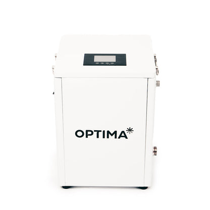 Front view of the Optima Nova chiller unit with a sleek white design, featuring a touchscreen control panel. 
