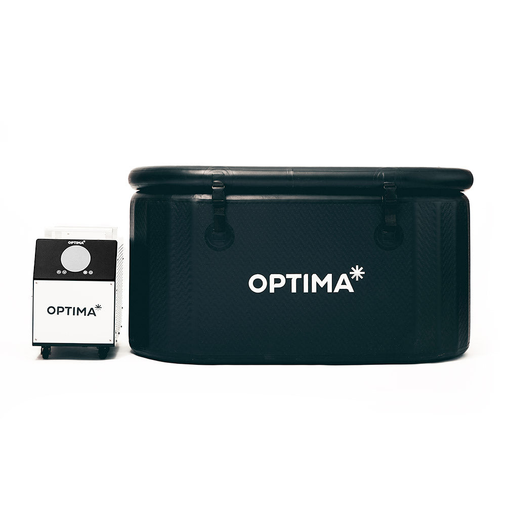 Optima ProSystem featuring the black Optima Tub Plus alongside the white and black Optima Pro Chiller unit. 