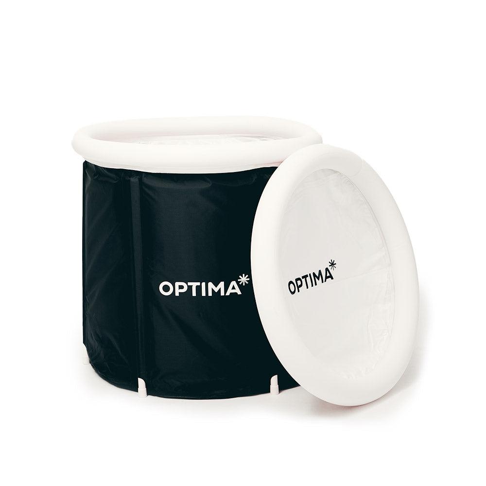  Black Optima tub with a white inflatable rim, accompanied by a matching detachable lid. 