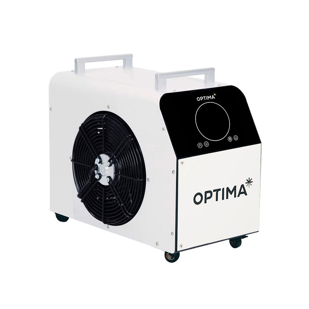Side view of the Optima chiller unit with cooling fan and control panel.
